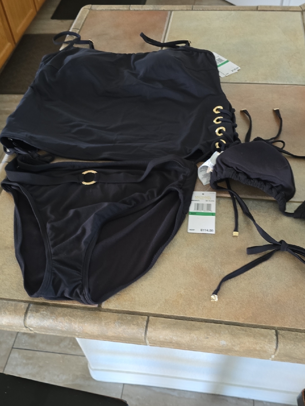 Michael KORS Black Three-Piece Swimsuit Set with Gold Accents SZ LG NWT